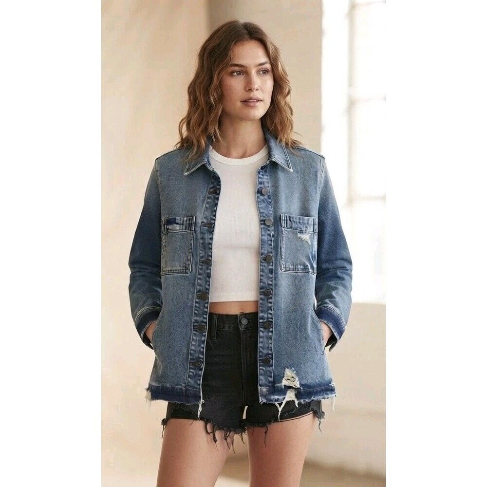 NWT Kut from the Kloth Denim Jacket Distressed Button Front Medium